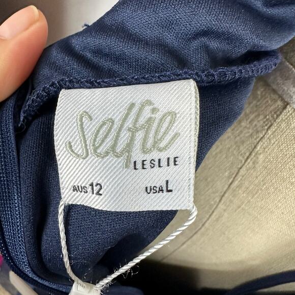 SELFIE LESLIE Navy Blue Floating By Plunging Neckline Mesh Overlay Midi Dress L - Picture 8 of 10